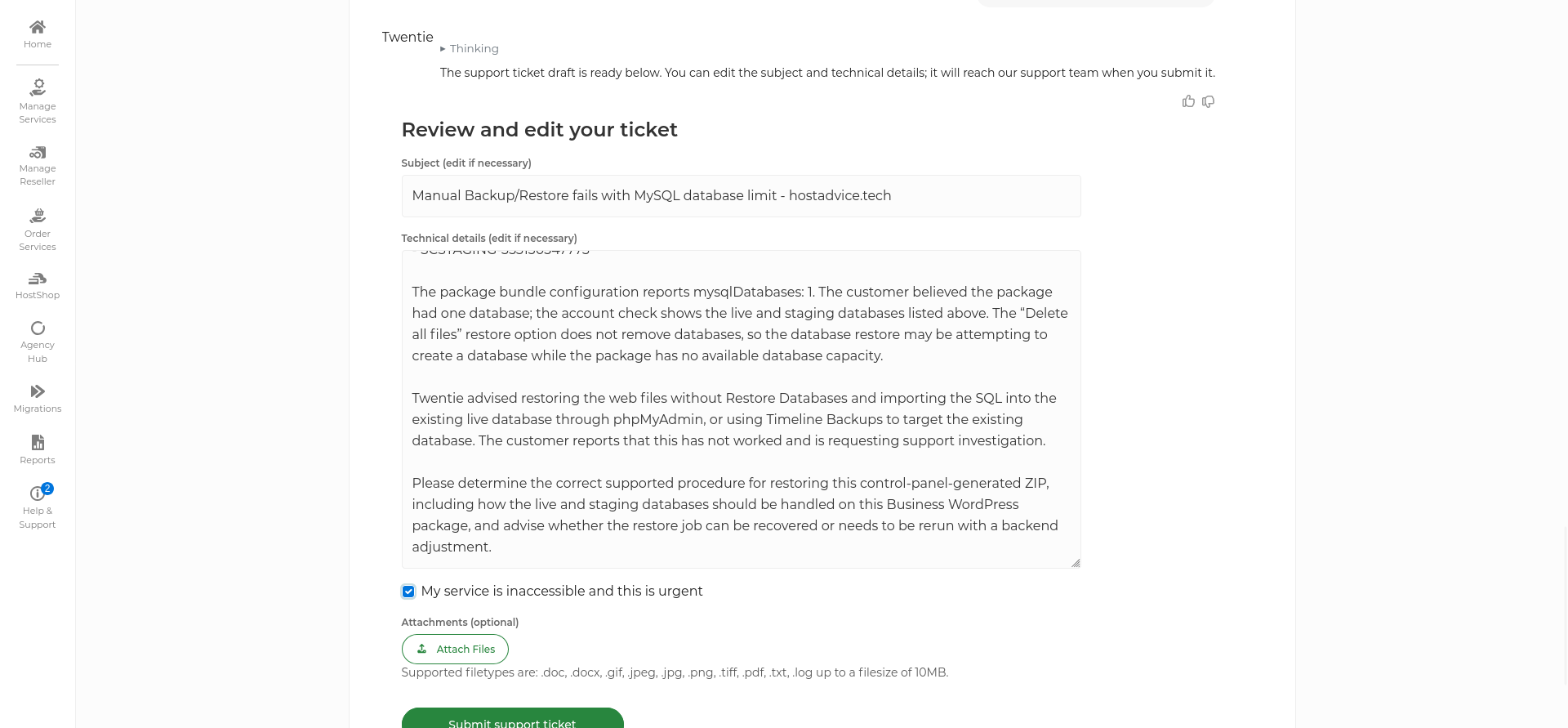 20i support ticket form with Backups & Restores selected and the failed full restore issue entered for hostadvice.tech.