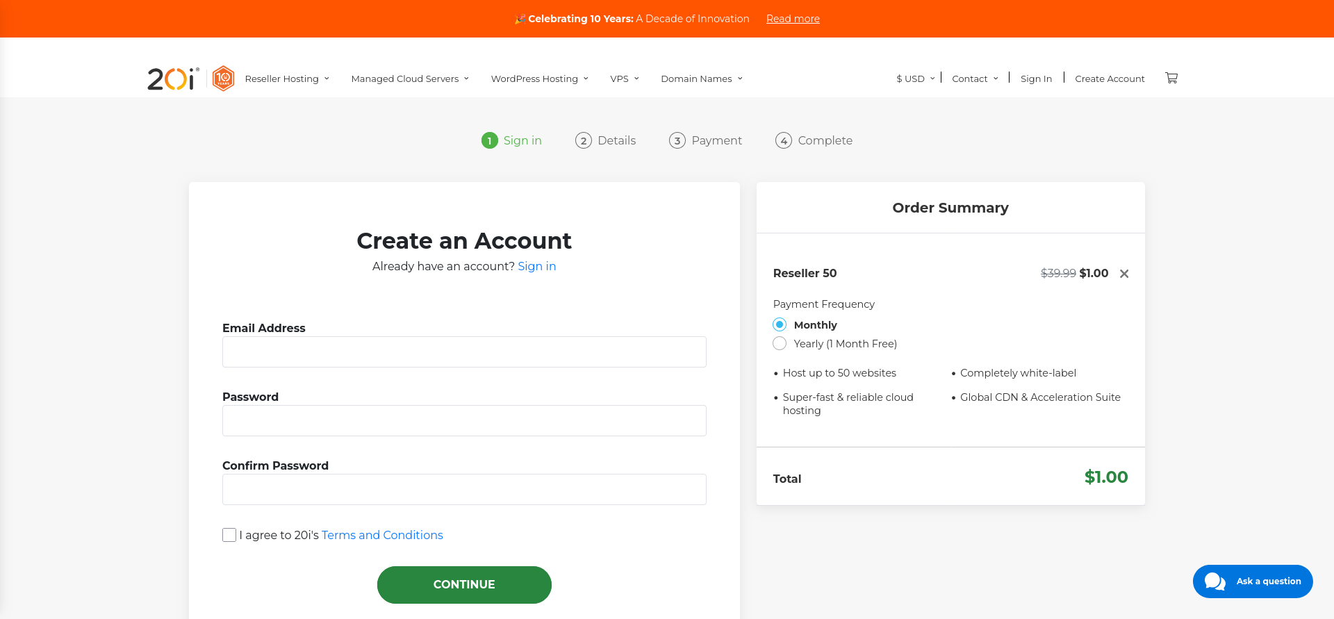 20i Reseller 50 account creation screen showing the email and password fields beside the selected plan summary.
