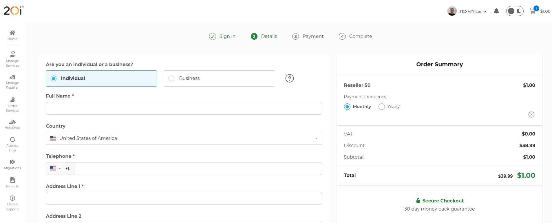 20i Reseller 50 checkout Details stage showing Individual or Business selection, contact fields, and the plan summary.