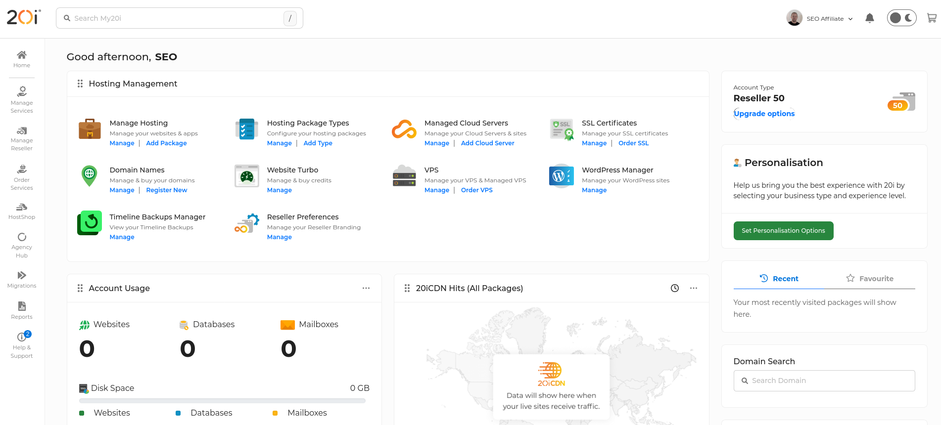 My20i Reseller 50 dashboard showing zero account usage and the main hosting, customer, migration, billing, and support tools before I created the first site.