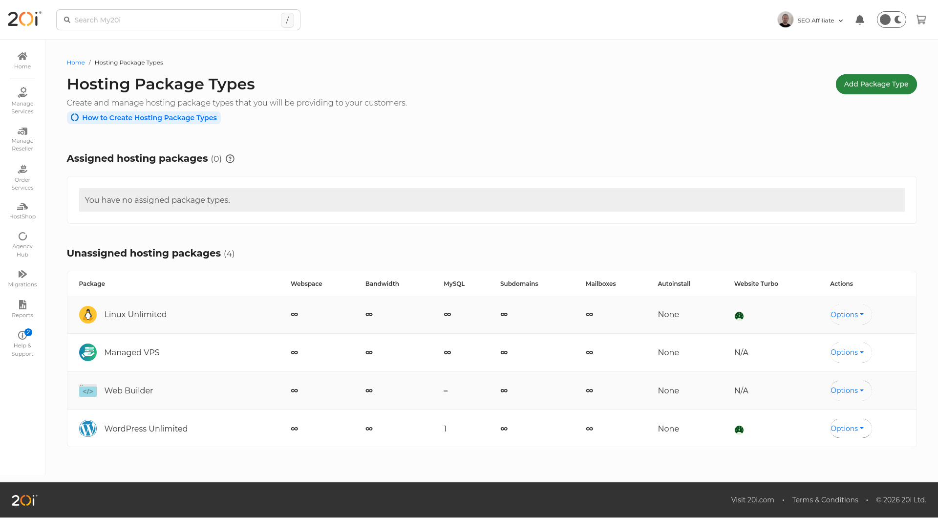 20i Hosting Package Types page showing Linux Unlimited, Managed VPS, Web Builder, and WordPress Unlimited before I created a custom reseller package.