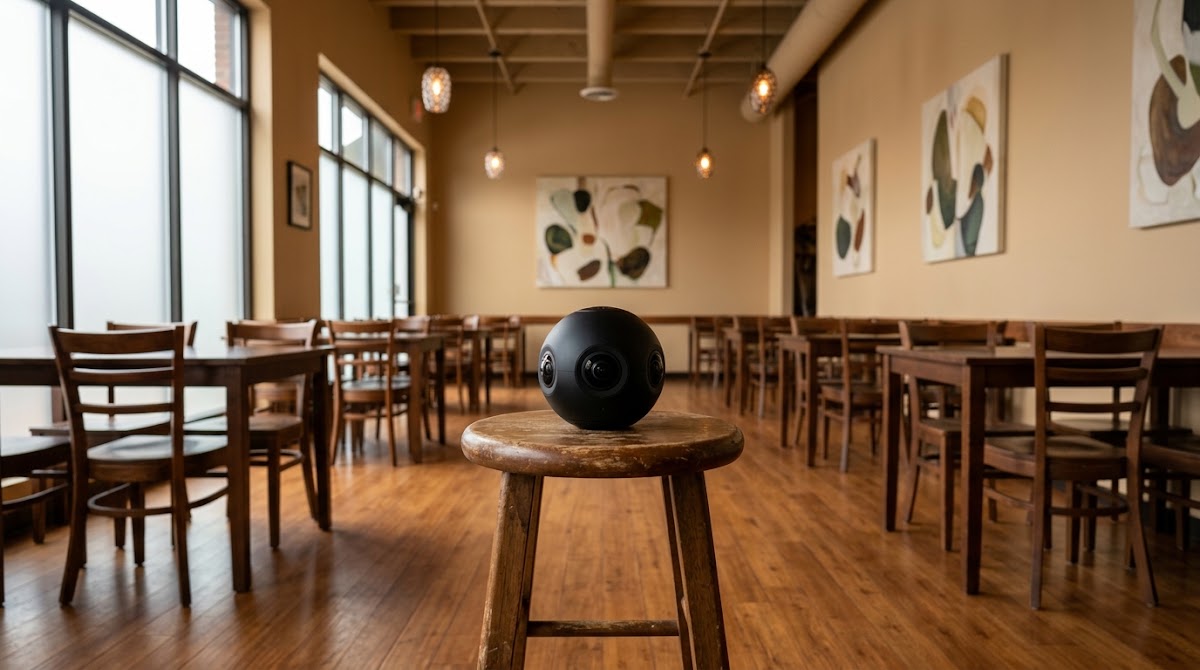360-degree camera on a stool inside an empty restaurant