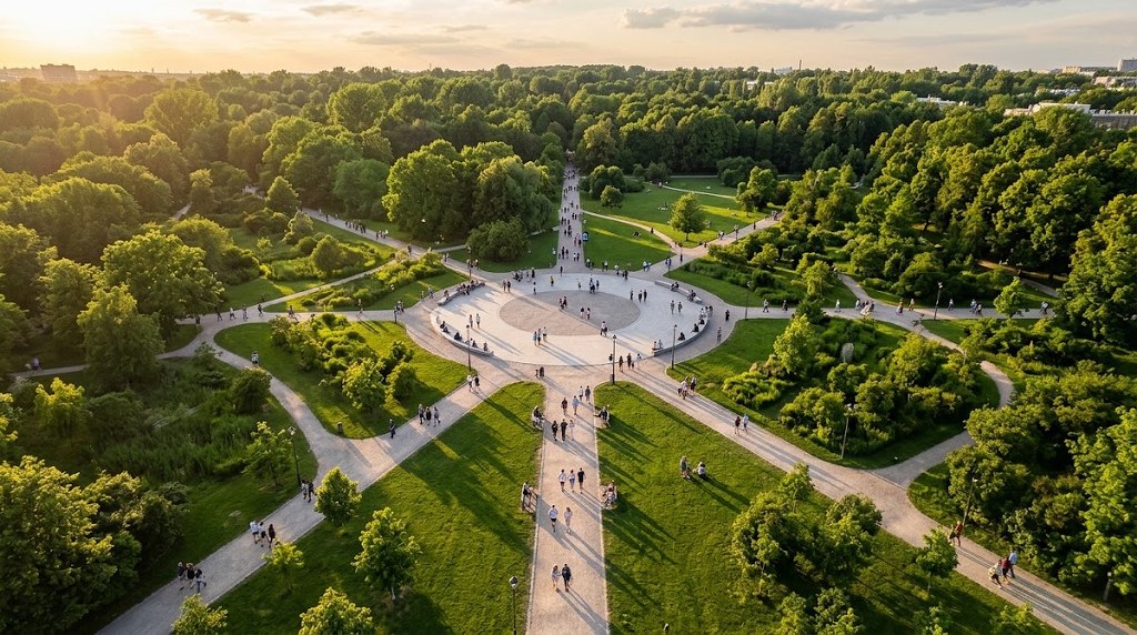 Aerial view of a green park with walking paths and people