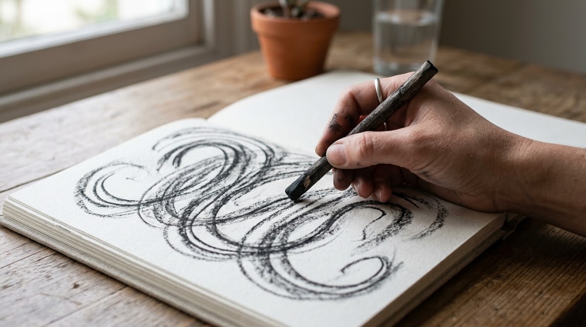 Artist drawing with charcoal in a sketchbook