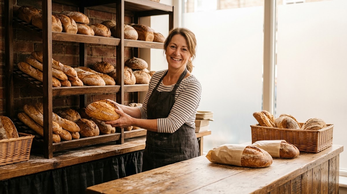 Bakery owner displaying freshly baked bread
