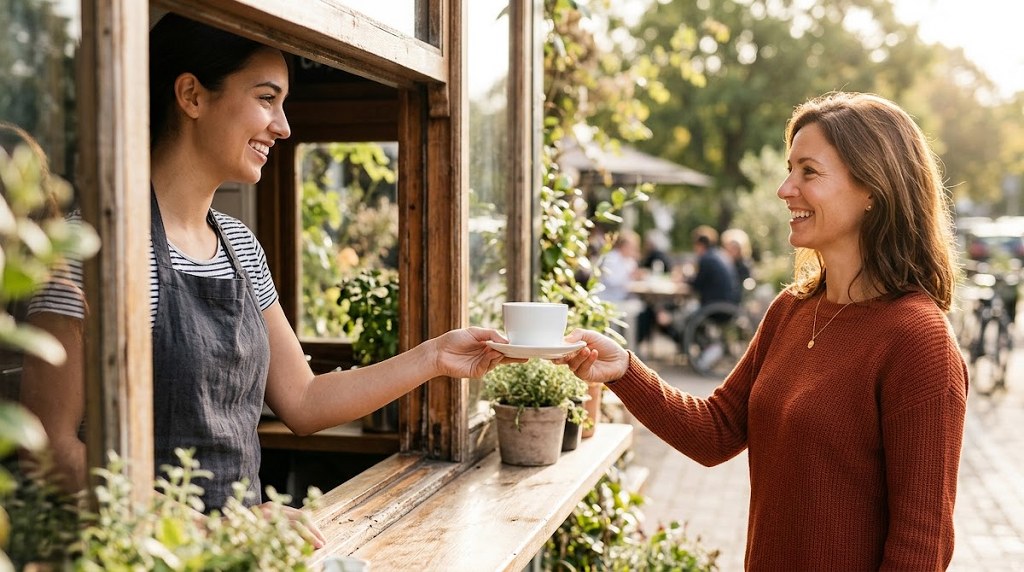 Barista serving coffee to a customer at an outdoor coffee stand