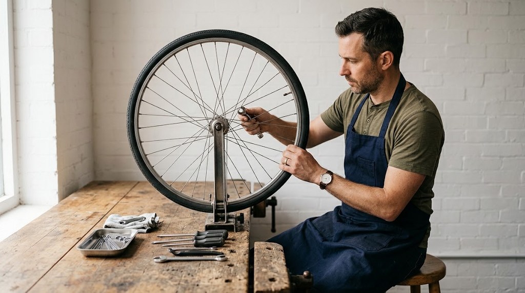 Bicycle mechanic repairing a wheel in a garage