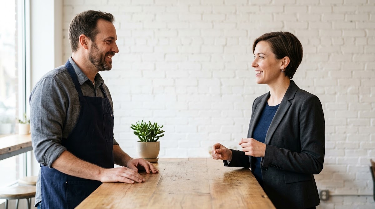 Businesswoman talking with a small business owner