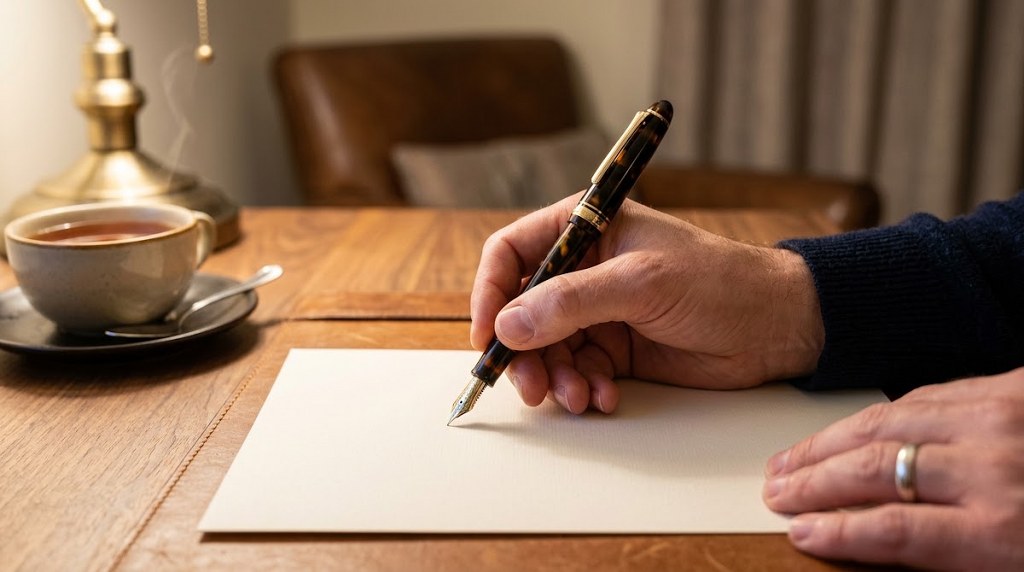 Close-up of a hand writing with a fountain pen on paper