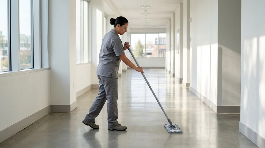 Commercial cleaner mopping the floor of an office hallway