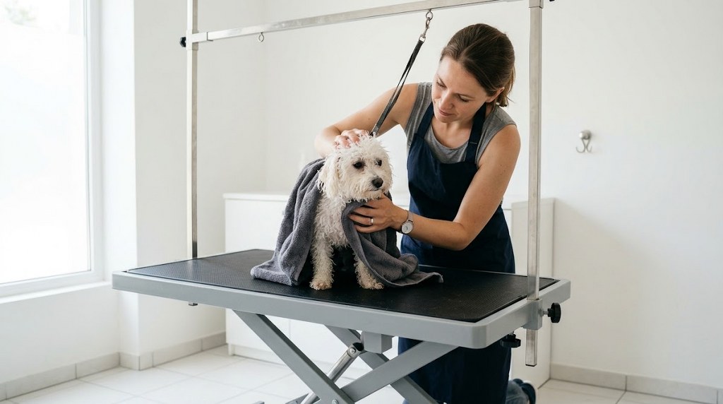 Dog groomer drying a small white dog on a grooming table