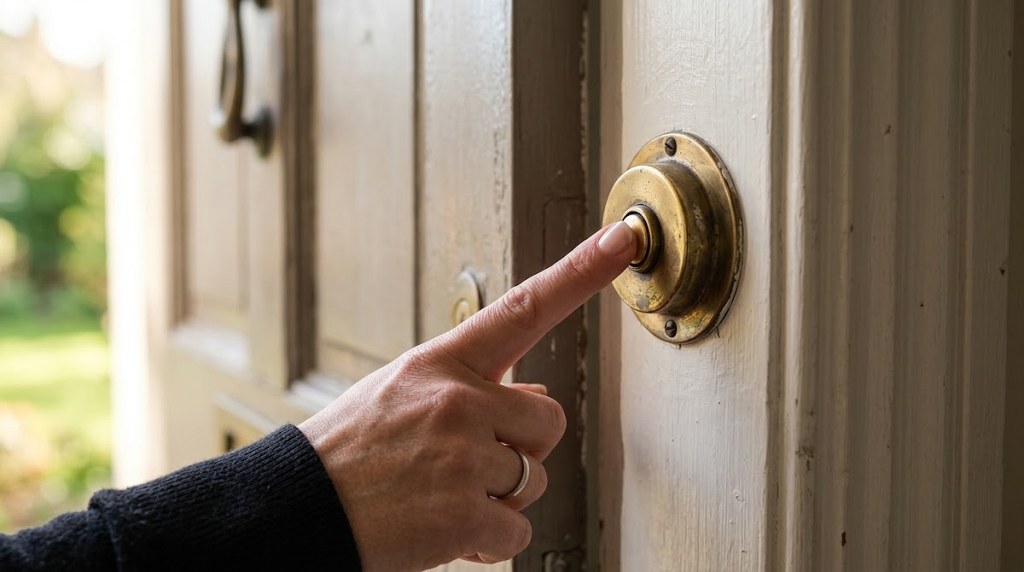 Finger pressing a brass doorbell button