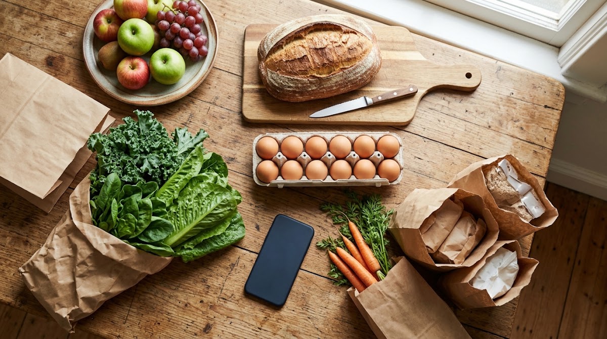 Groceries and smartphone on a table