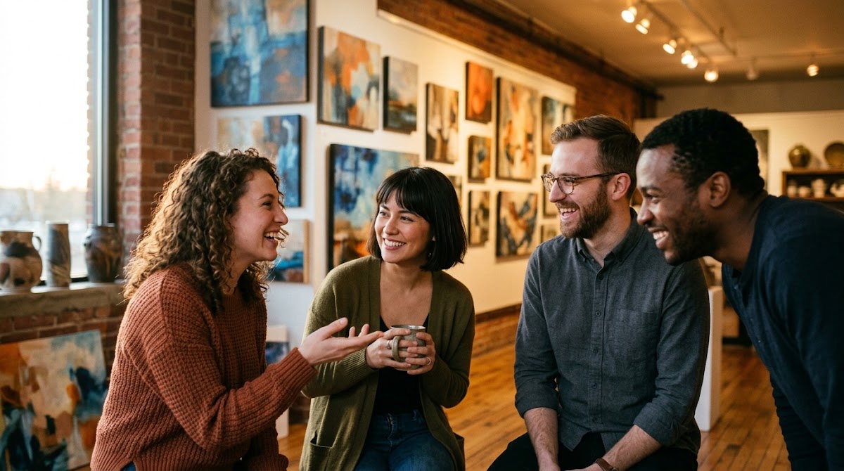 Group of artists chatting in an art gallery