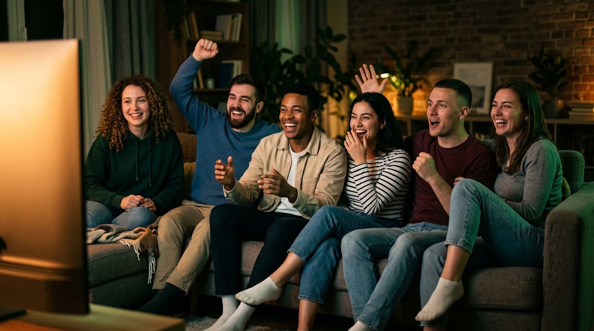 Group of friends cheering while watching a screen