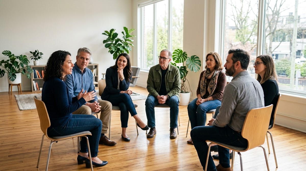 Group of people discussing ideas in a community meeting
