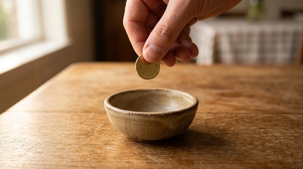Hand dropping a coin into a ceramic bowl