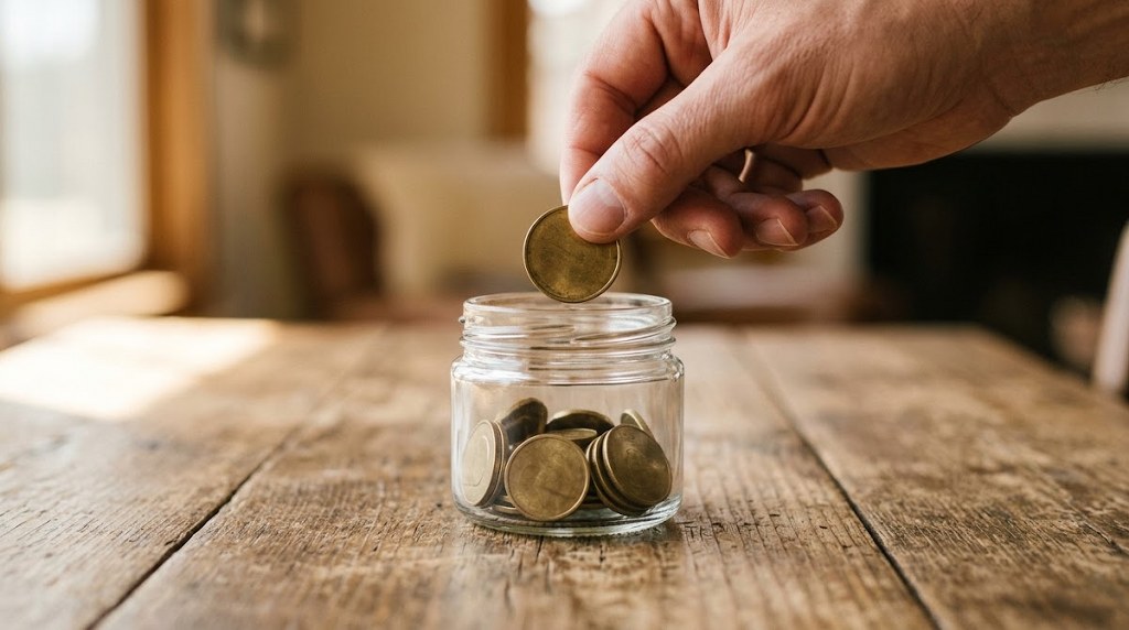 Hand dropping a coin into a glass savings jar