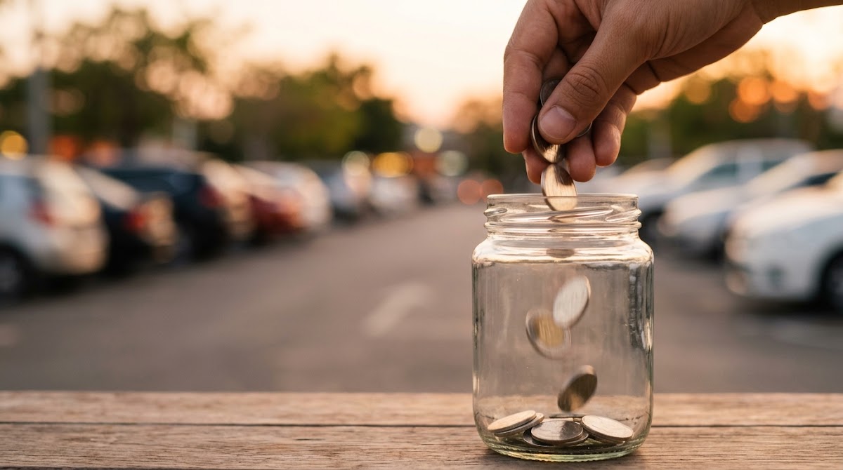 Hand dropping coins into a savings jar