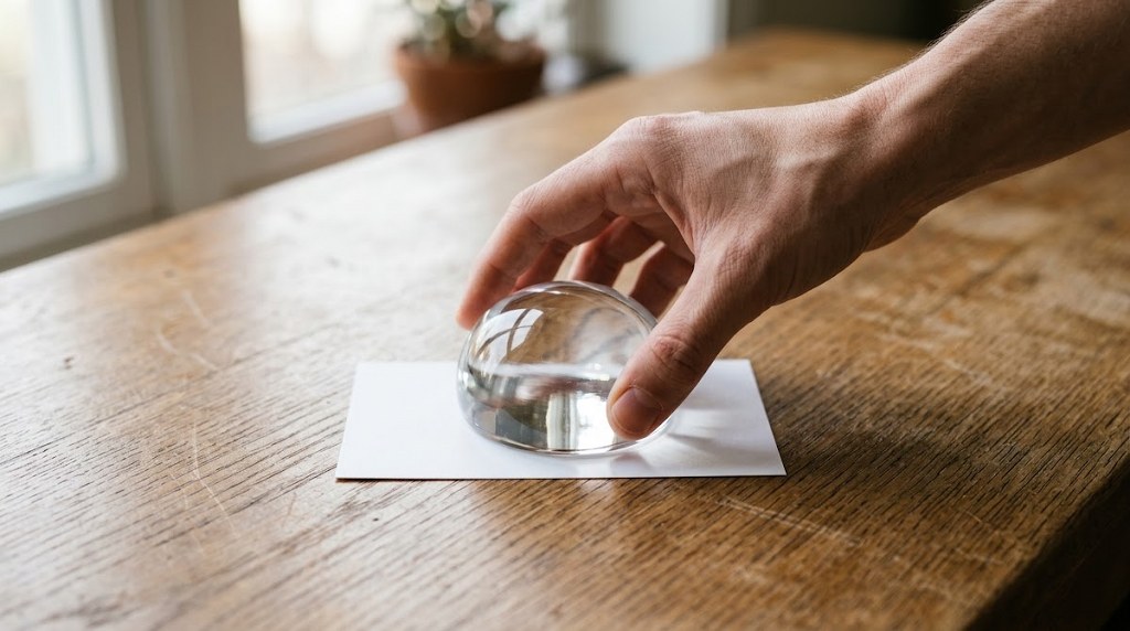 Hand placing a glass paperweight on a blank card