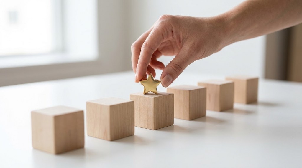 Hand placing a gold star on a wooden block