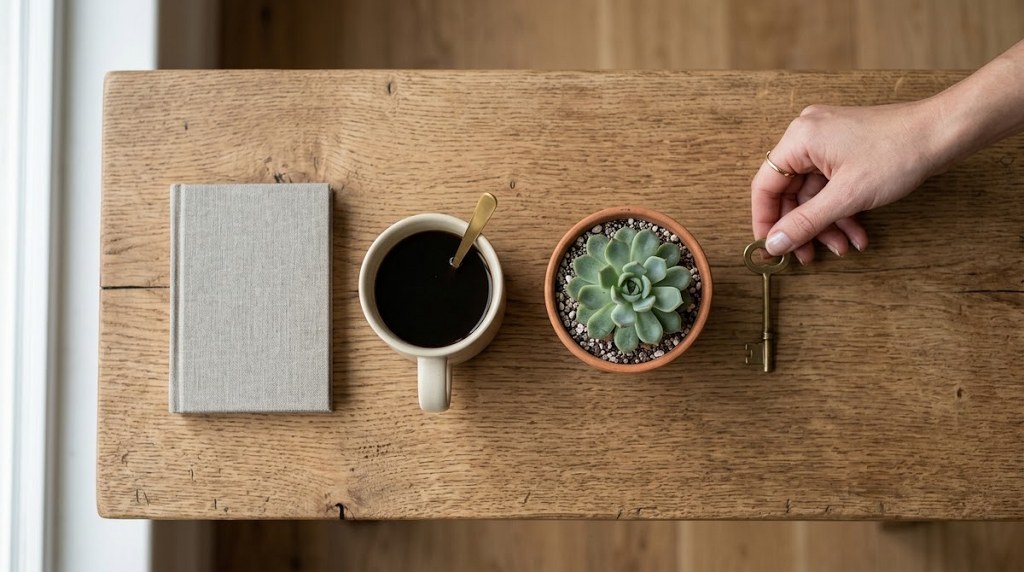 Hand placing a vintage key on a wooden table beside a coffee cup and plant