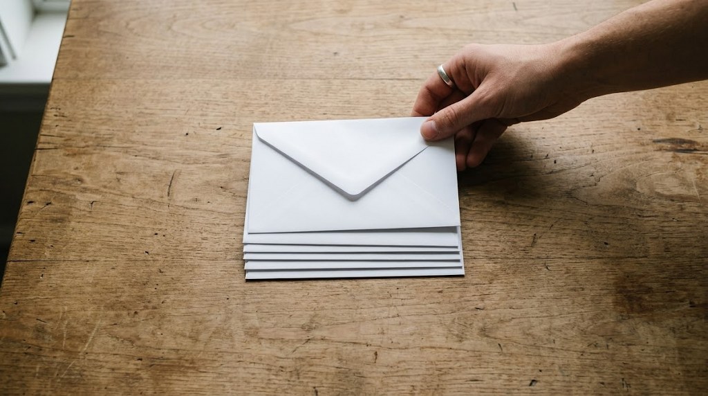 Hand placing an envelope on a stack of envelopes
