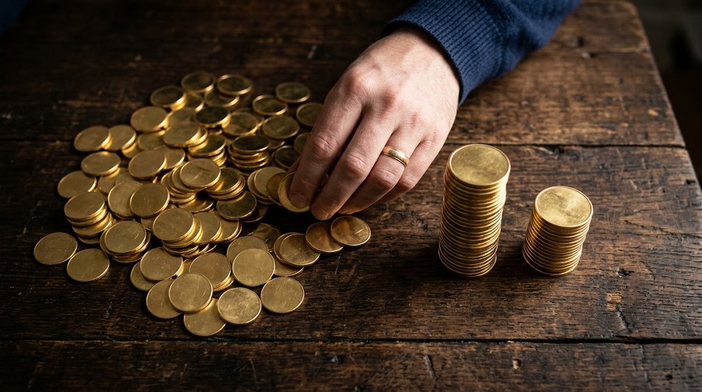 Hand sorting gold coins into stacks on a wooden table