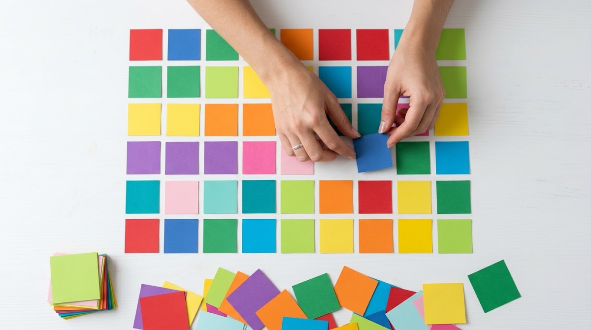 Hands arranging colorful sticky notes on a table