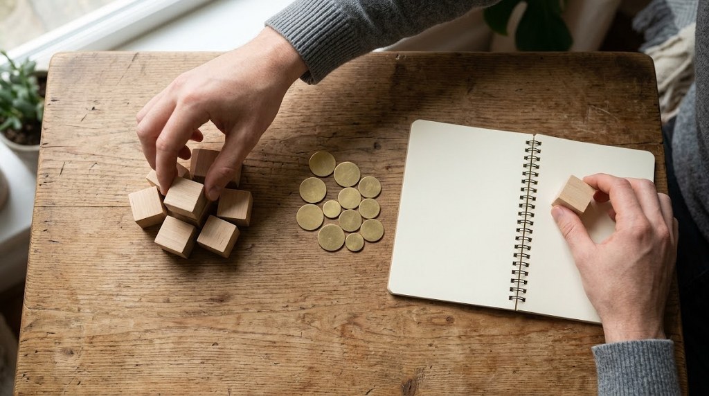 Hands arranging wooden blocks beside coins and a notebook