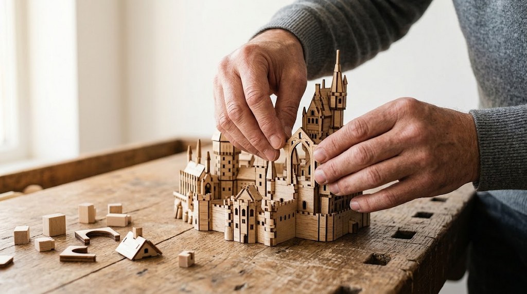 Hands assembling a detailed wooden castle model