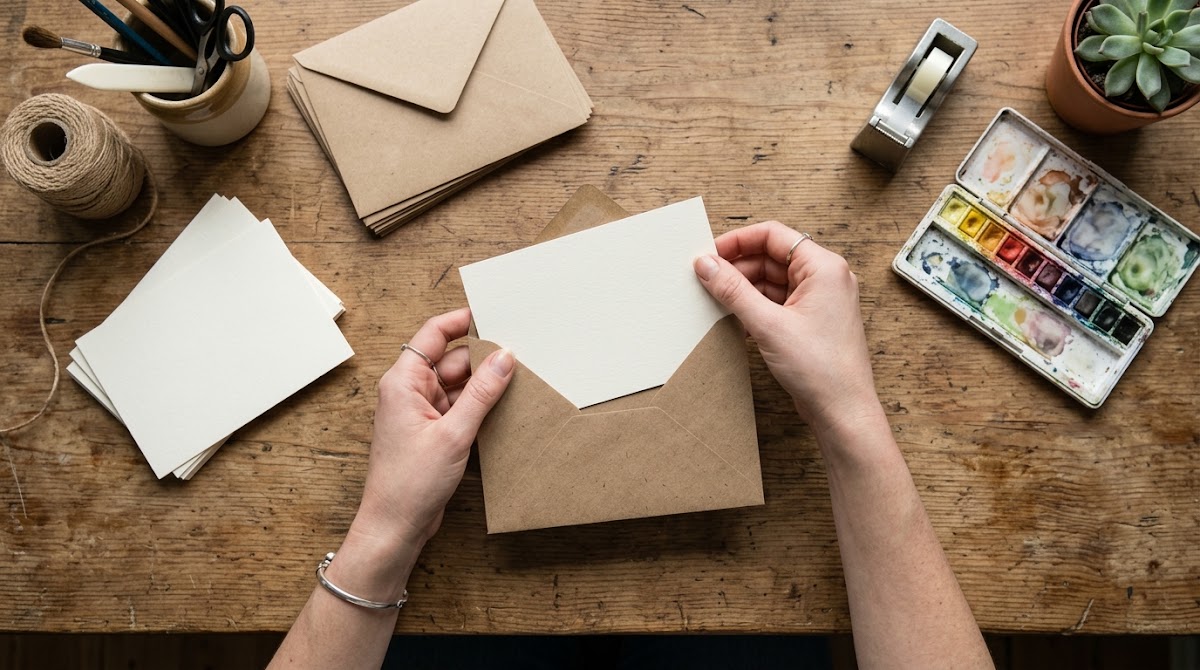 Hands preparing handmade cards and envelopes