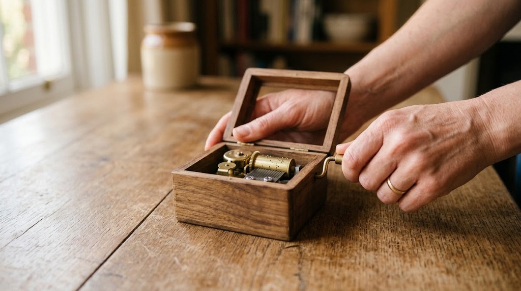 Hands winding a wooden music box
