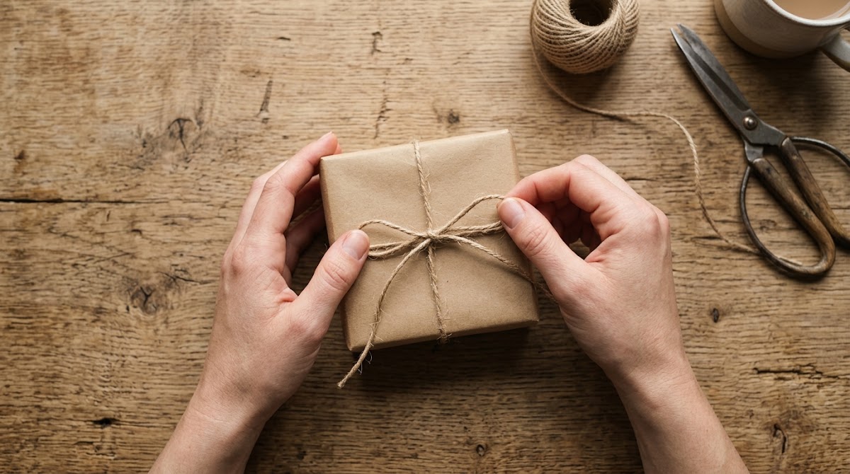 Hands wrapping a handmade gift