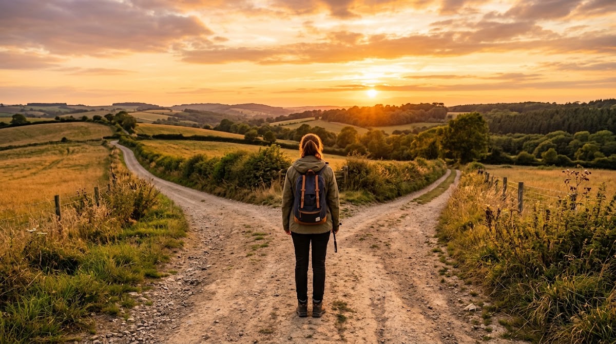 Hiker standing at a fork in a countryside trail at sunset