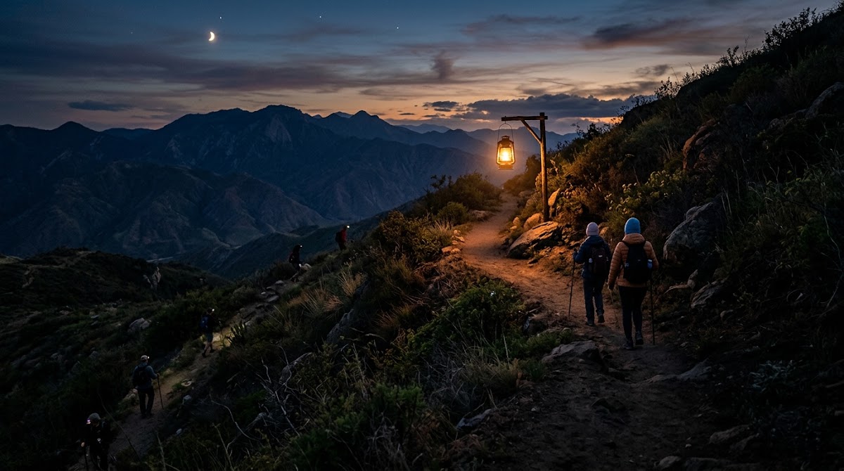 Hikers walking along a mountain trail at dusk