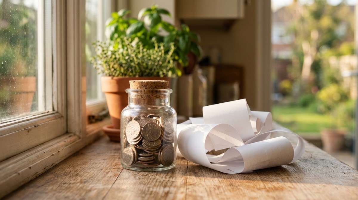 Jar of coins next to receipts