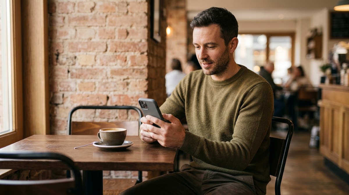 Man browsing Reddit on a smartphone at a café