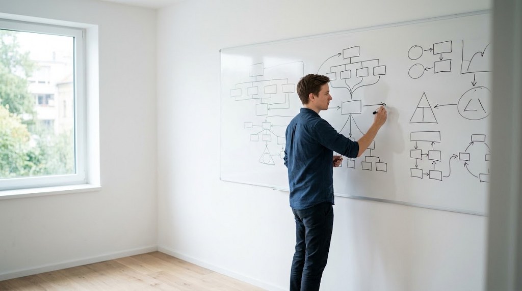 Man drawing flowcharts and diagrams on a whiteboard