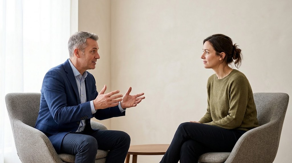 Man explaining something to a woman during a conversation