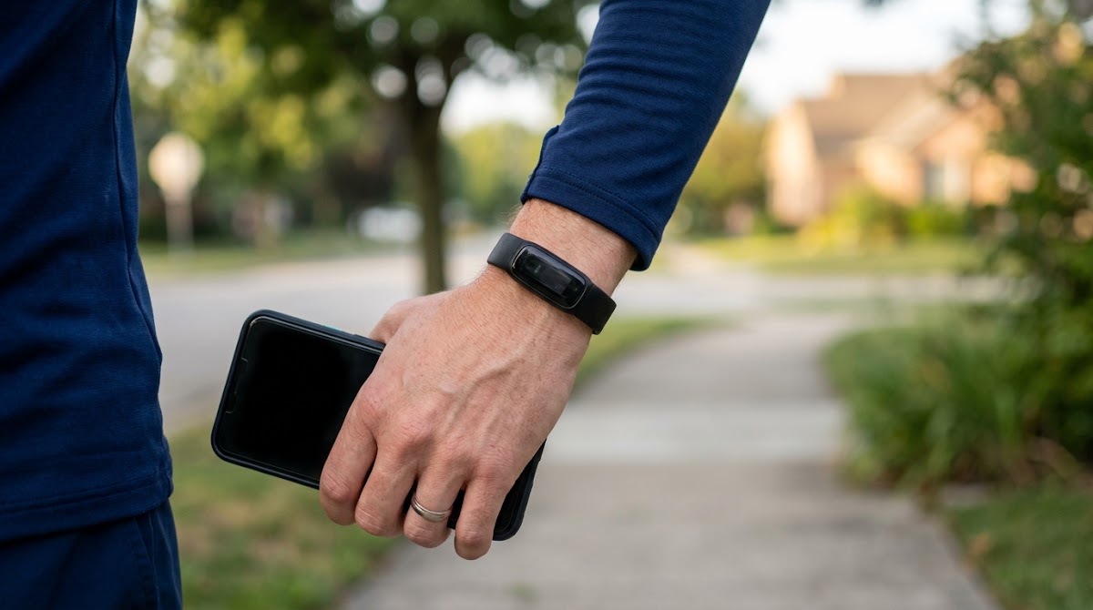 Man holding a smartphone while walking