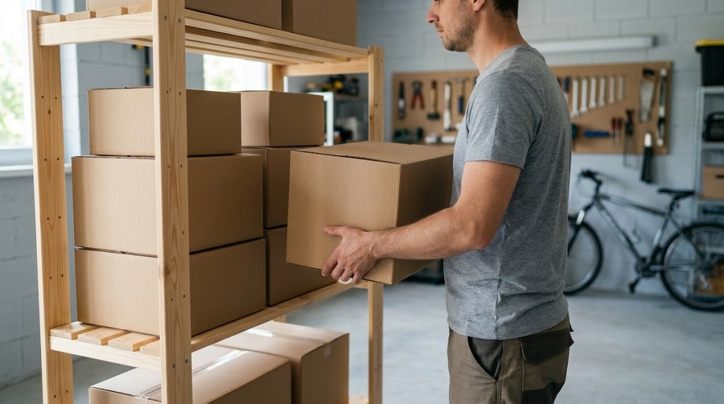 Man organizing cardboard boxes on garage storage shelves