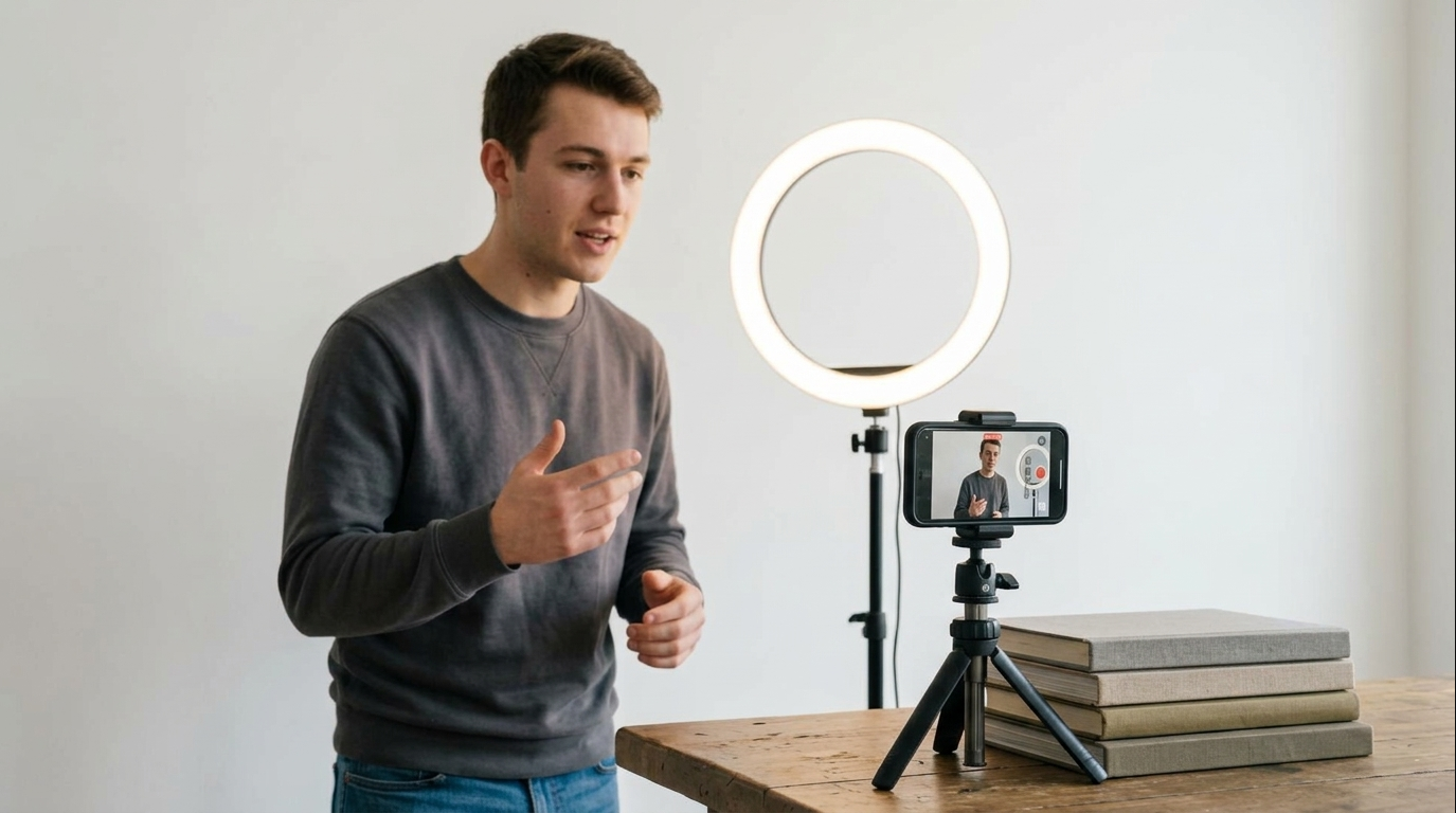 Man recording a video with a smartphone and ring light