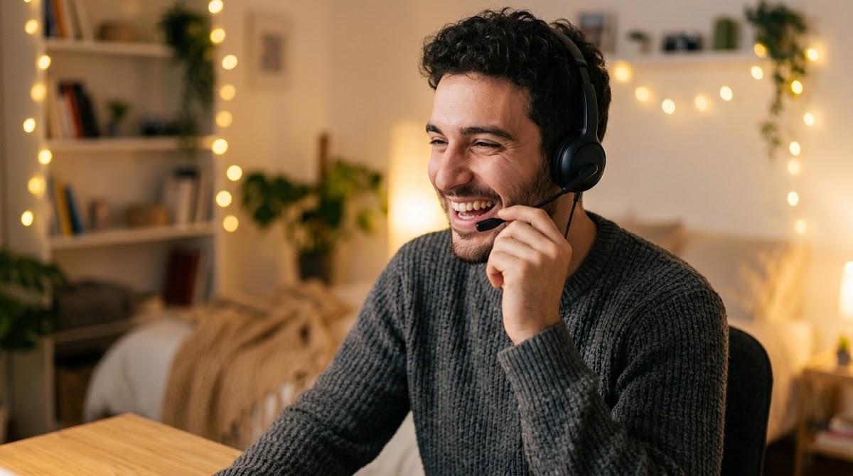 Man talking through a headset at home