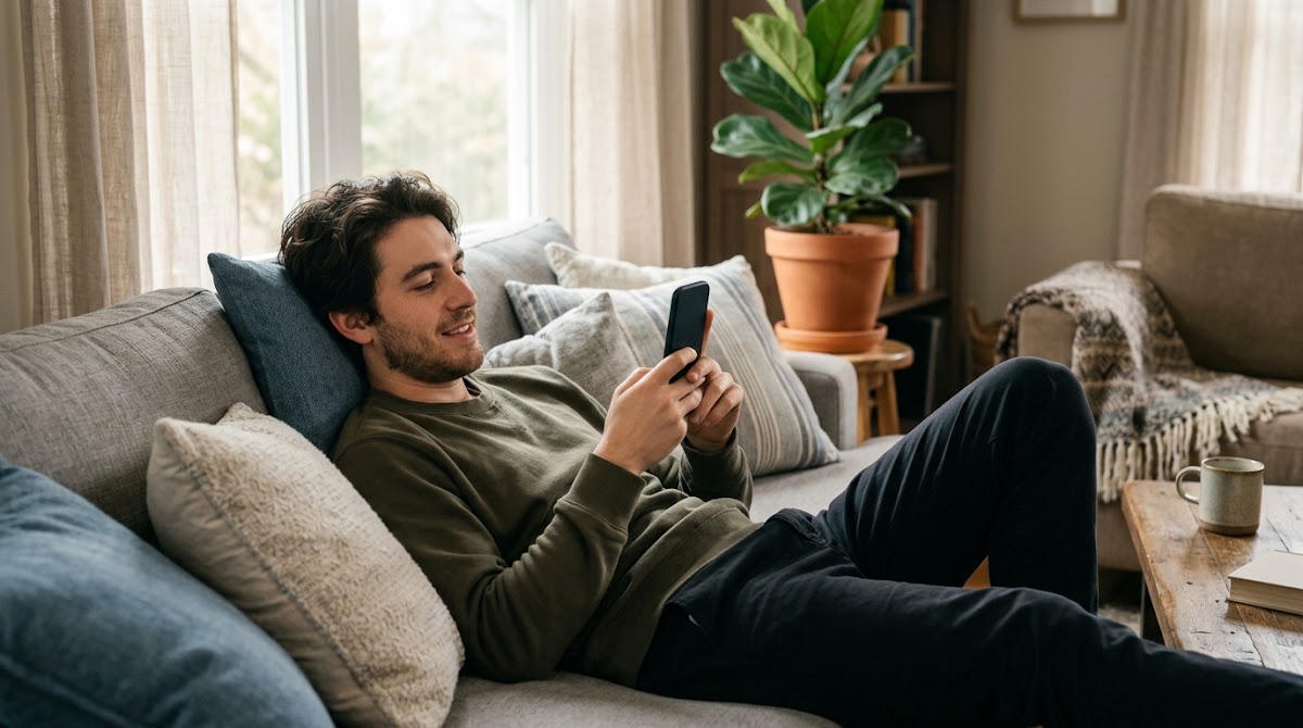 Man using a smartphone while relaxing on a couch
