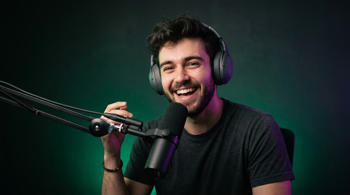 Man wearing headphones speaking into a microphone while streaming