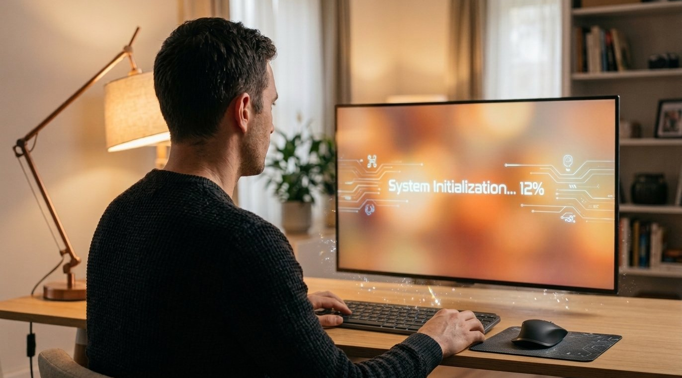 Man working at a computer displaying system initialization progress