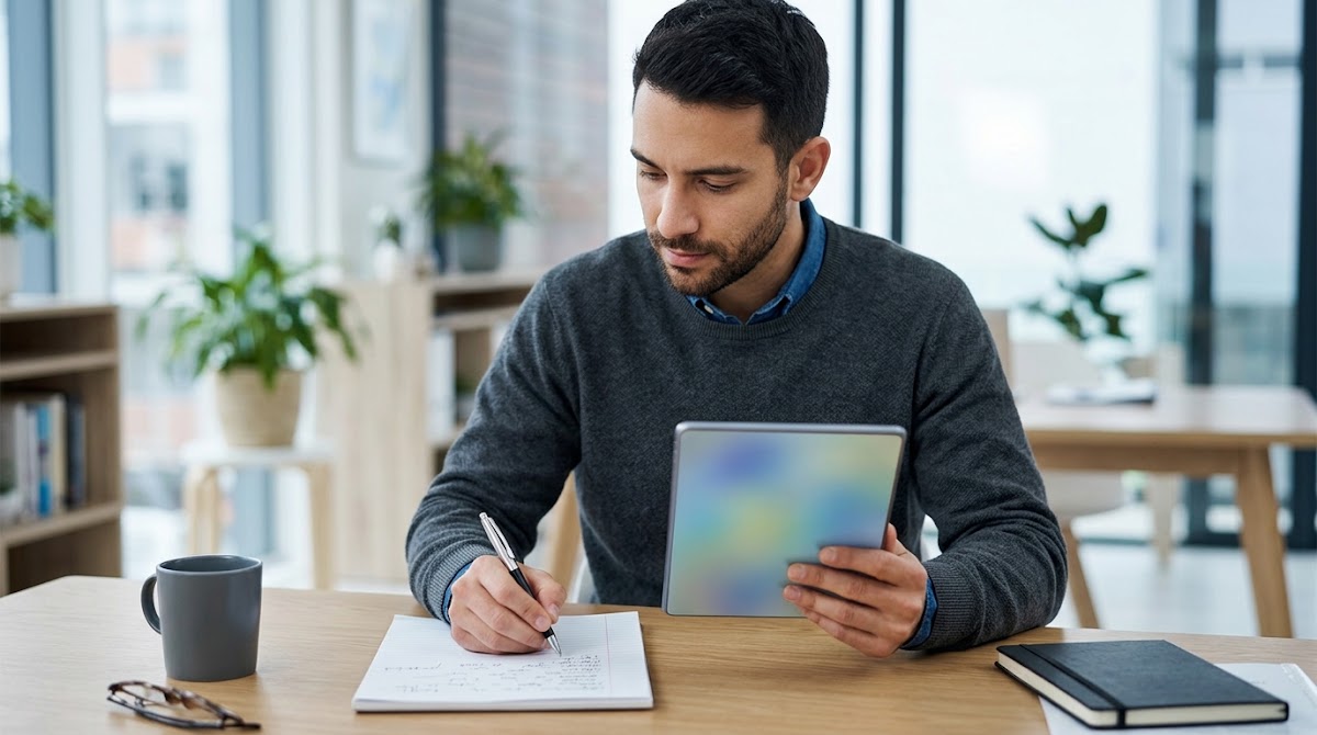 Man writing a product review