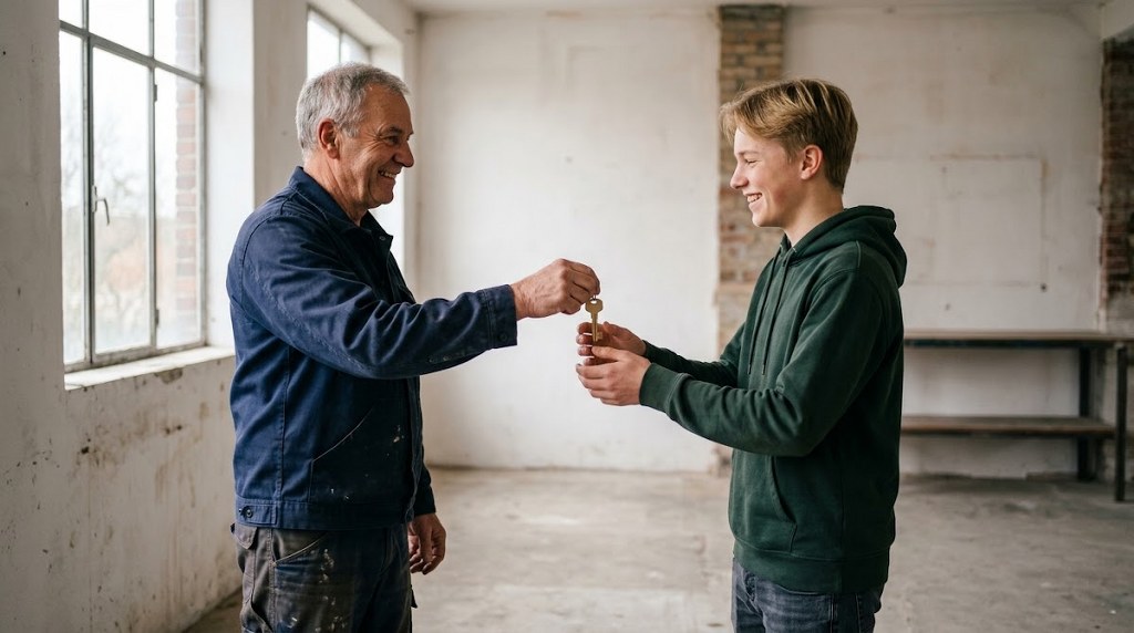 Older business owner handing a key to a younger man