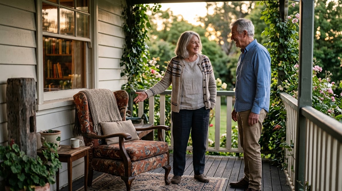 Older couple discussing a secondhand armchair